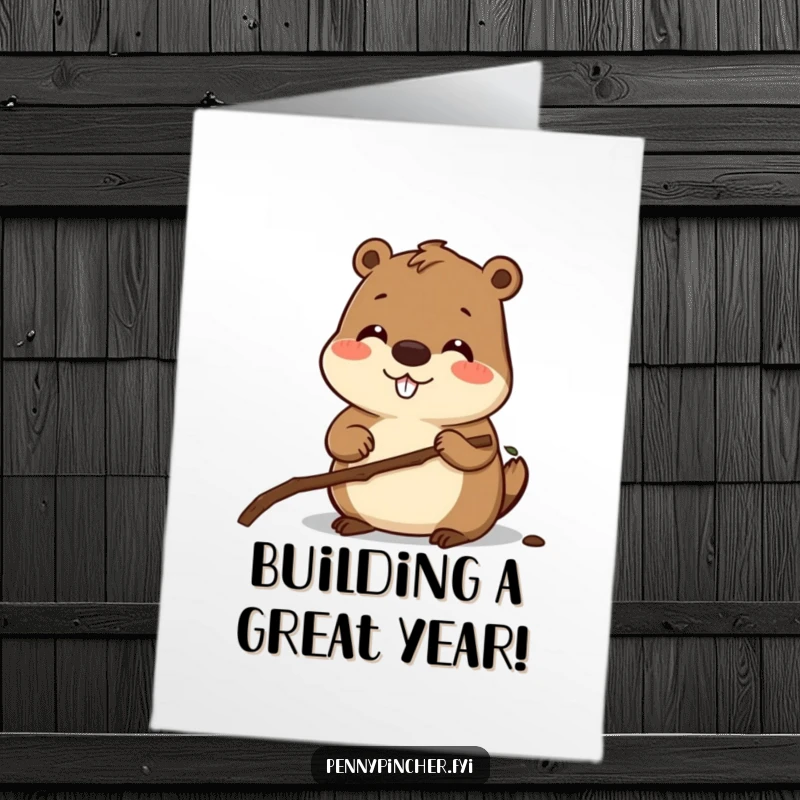 Funny Free Printable Beaver Birthday Card: Smiling beaver meticulously measuring a twig, a humorous DIY-themed birthday card.