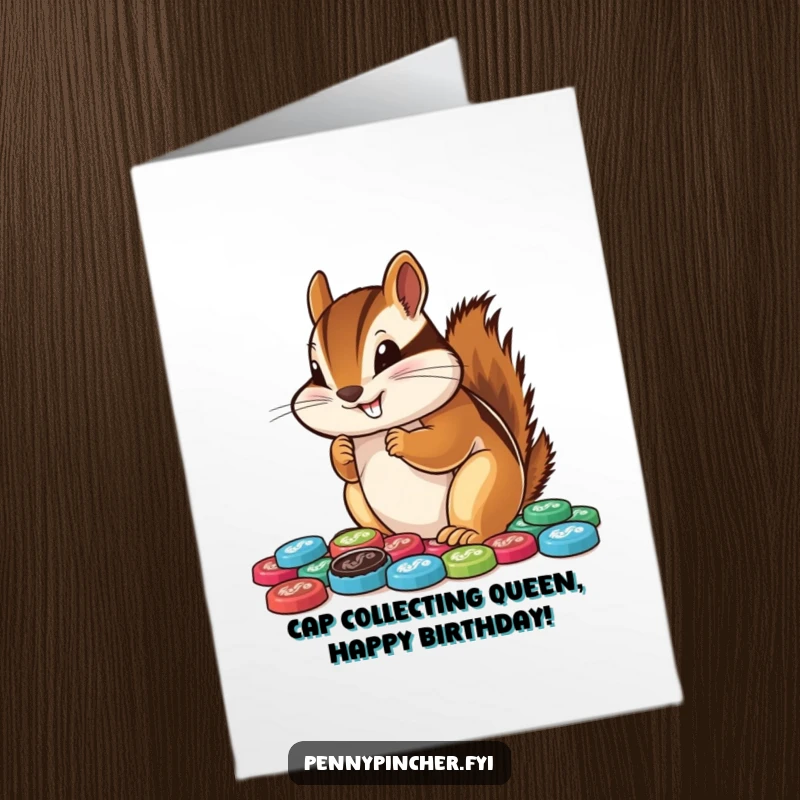 Funny Free Printable Birthday Card: Cheerful chipmunk hoarding bottle caps, ready to celebrate with a quirky gift.