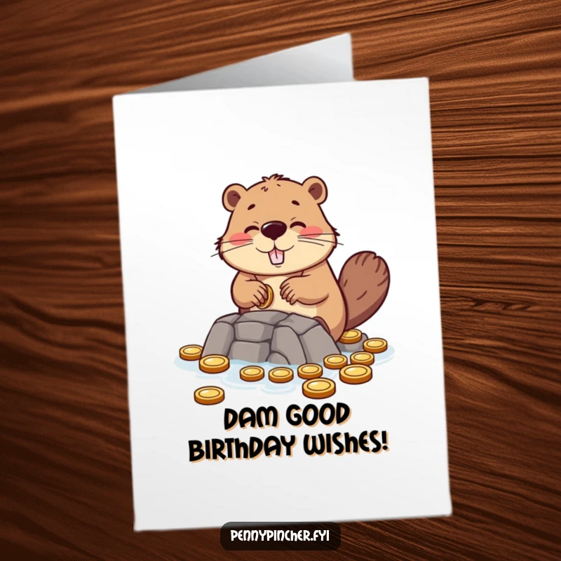 Funny Free Printable Beaver Birthday Card: Hopeful beaver building a dam from small coins, celebrating a birthday.