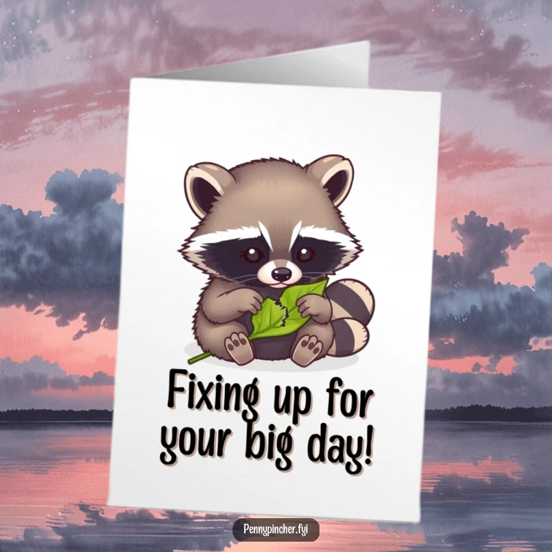 Funny Free Printable Birthday Card: A clever raccoon carefully stitching a tiny tear in a leaf, adding humor to birthday wishes.