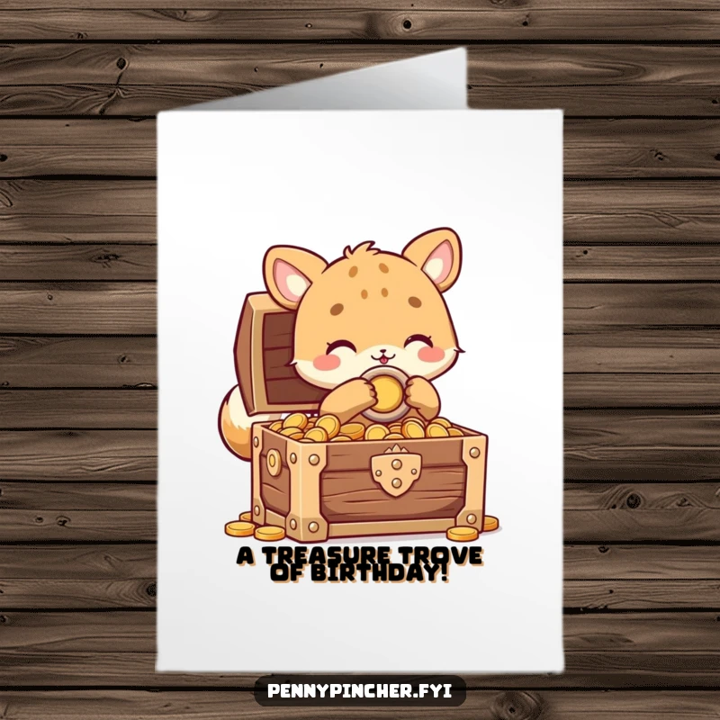 Funny Free Printable Birthday Card: An animal character carefully locks a treasure chest brimming with coins.