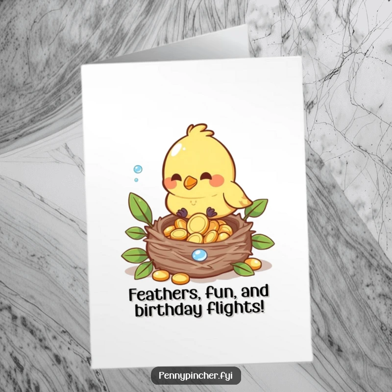 Funny Free Printable Birthday Card showing a bird character carefully adding shiny dewdrop coins to a cozy nest.