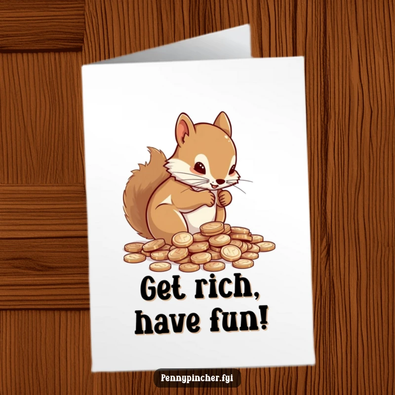 Funny free printable birthday card: A determined squirrel intently counting a large pile of shiny pennies.