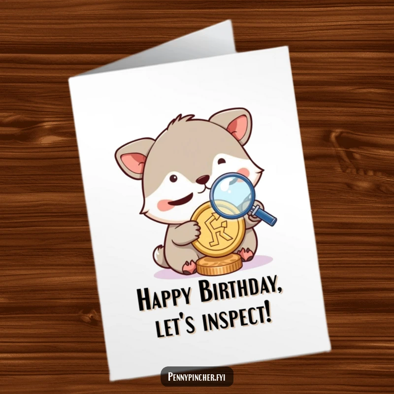 Funny Free Printable Birthday Card: Squinting animal character closely examining a coin with a magnifying glass, celebrating your valuable birthday.