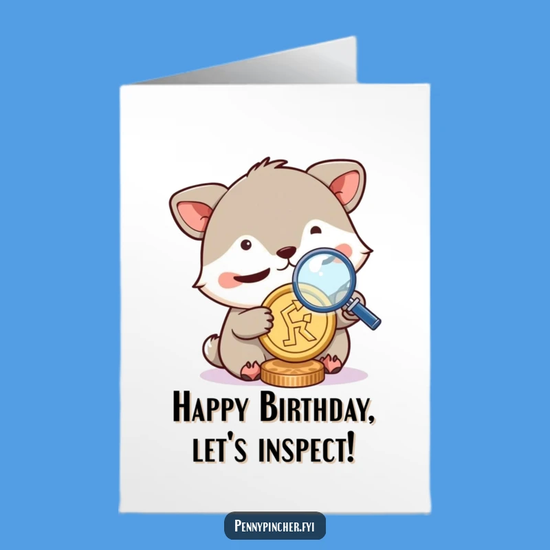 Free Printable Birthday Card: Curious Coin Inspecting Animal, Funny Downloadable Gift