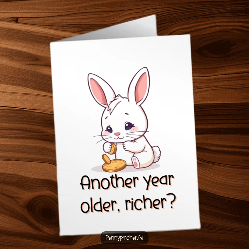 Funny Free Printable Birthday Card: Determined rabbit meticulously polishing a shiny penny, a humorous downloadable greeting