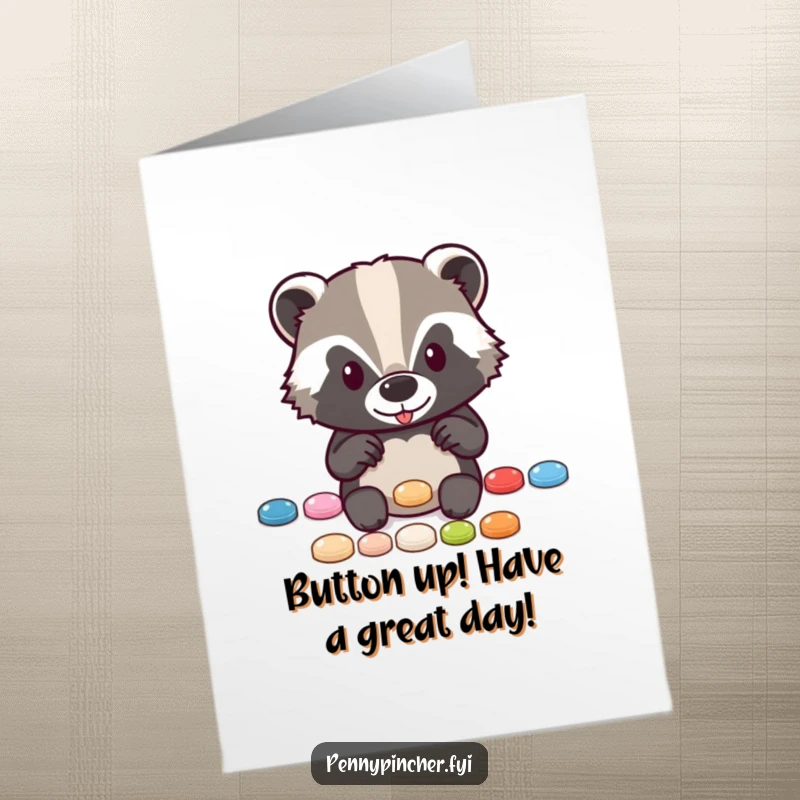 Funny Free Printable Birthday Card: Diligent badger meticulously arranging a perfect line of shiny buttons, looking pleased.
