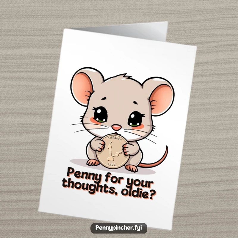 Funny Free Printable Birthday Card featuring a cautious mouse protecting a single shiny penny with utmost vigilance.