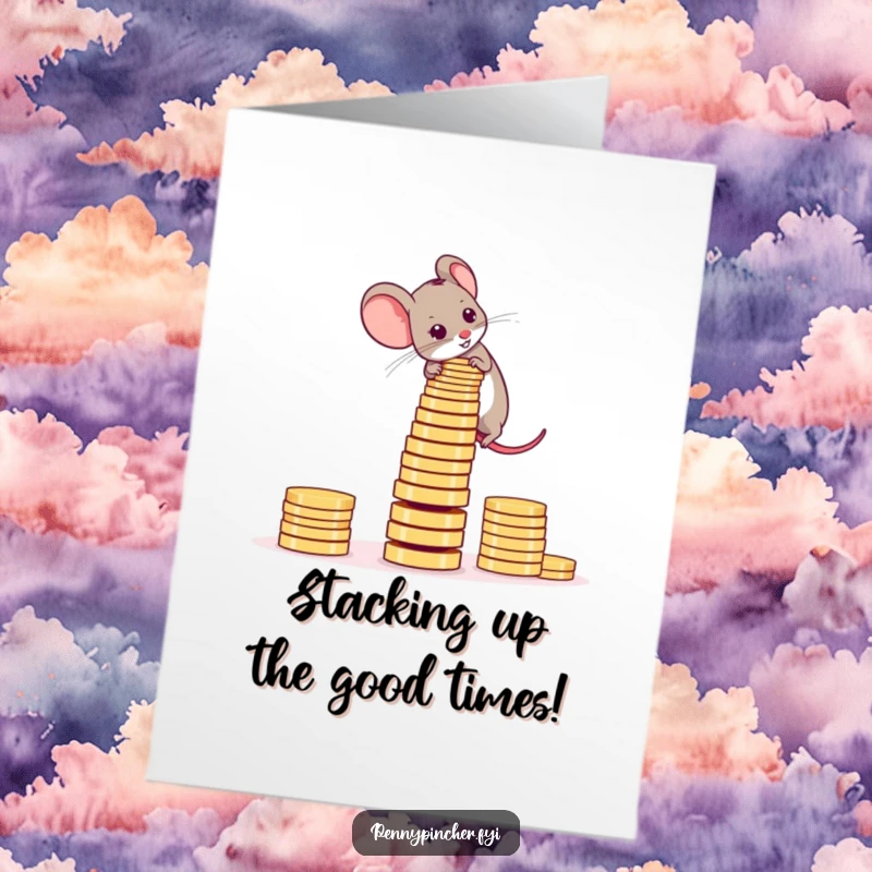 Funny free printable birthday card: An ambitious mouse carefully stacking coins into a precariously teetering tower.