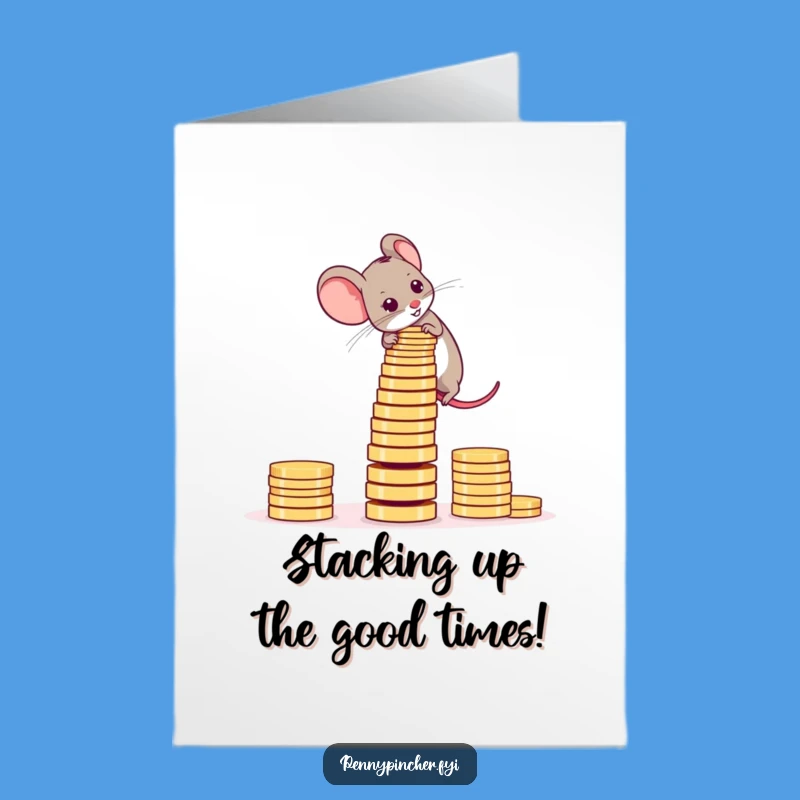 Free Printable Birthday Card: Mouse Coin Tower Funny Downloadable Gift for Ambitious Souls