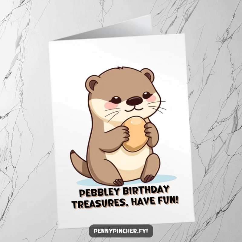 Funny Free Printable Birthday Card: Playful otter clutching a single, prized pebble possessively, wishing you happy birthday.