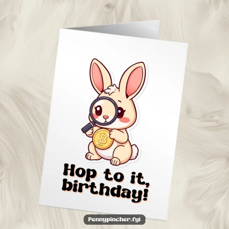 Funny Free Printable Birthday Card: Rabbit peers through a magnifying glass at a coin, searching for birthday treasures.