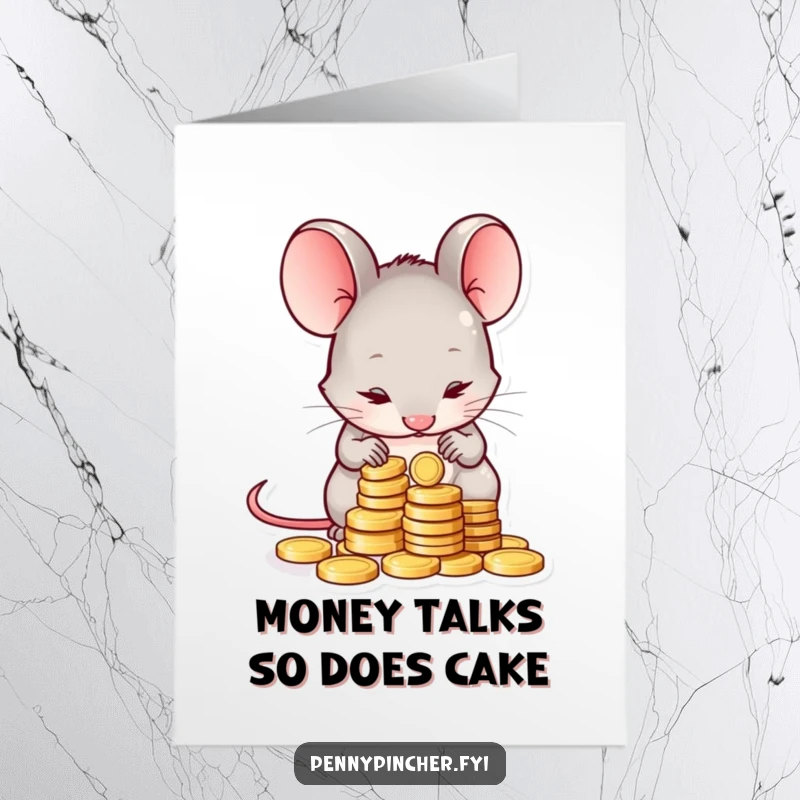 Funny Free Printable Birthday Card: Shy mouse nervously counting a tiny pile of coins, a humorous downloadable gift