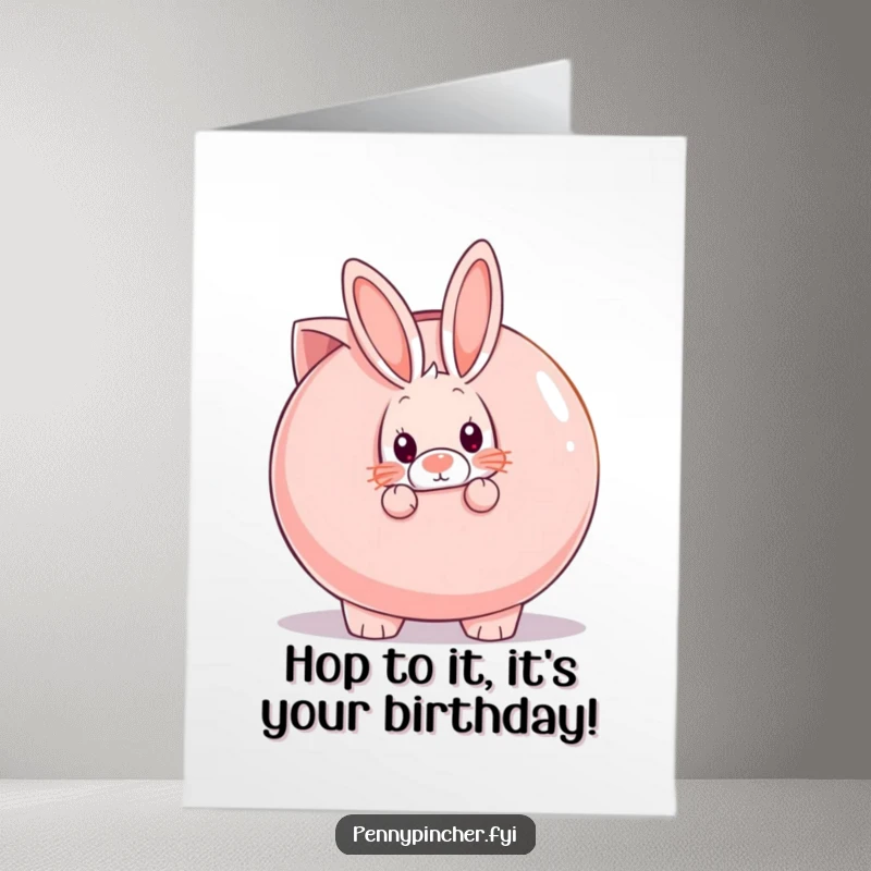 Funny free printable birthday card: A shy rabbit peeks hesitantly from behind a massive piggy bank, hinting at a secret birthday stash.