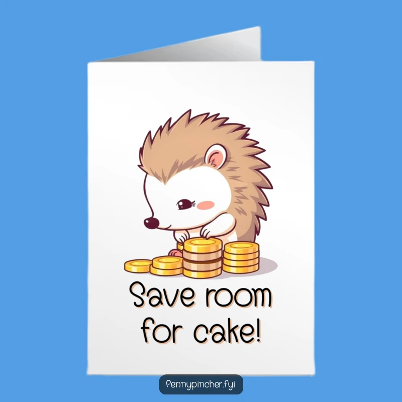 Free Printable Birthday Card: Thrifty Hedgehog Guards Your Gifts - Funny Downloadable