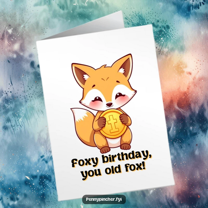 Funny Free Printable Fox Birthday Card: Proud fox gleefully polishing a shiny gold coin, perfect for a birthday.