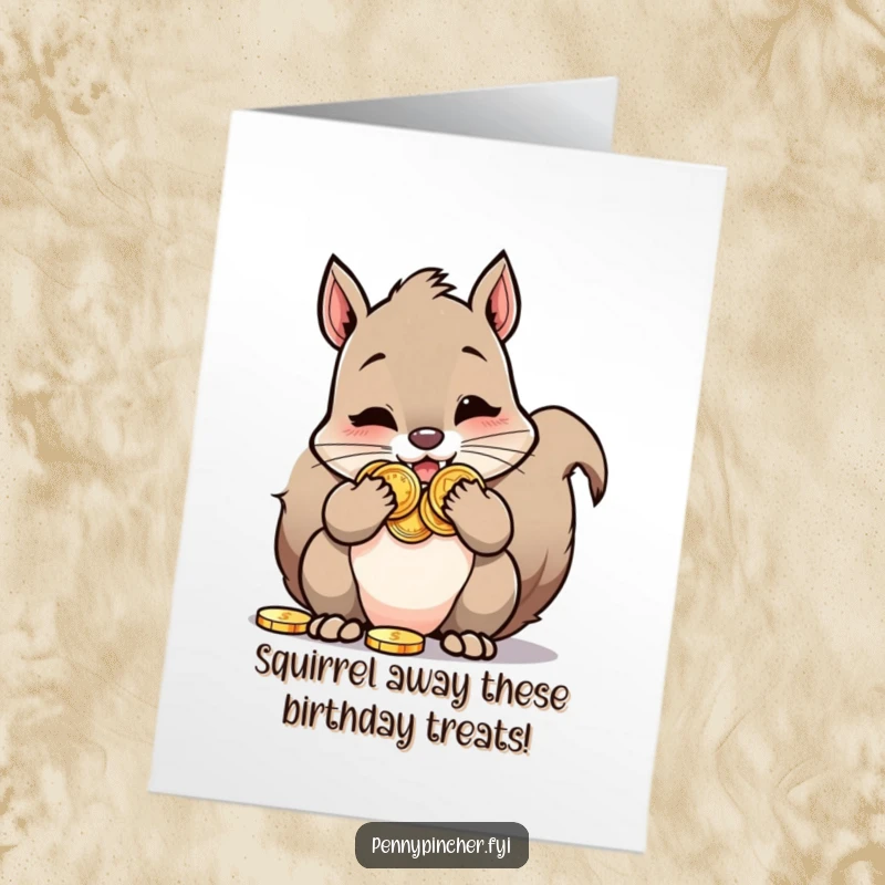 Funny Free Printable Birthday Card showing a squirrel character comically stuffing its cheeks full of oversized shiny coins, a treasure hoard.