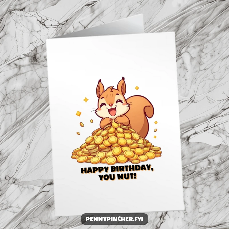 Funny Free Printable Squirrel Birthday Card: An ecstatic squirrel character joyfully hoarding a massive pile of shiny coins.