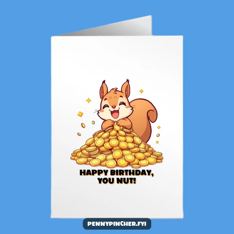 Free Printable Squirrel Birthday Card: Funny Hoarding Coins Downloadable Gift