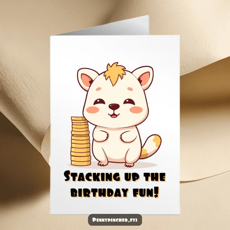 Funny Free Printable Birthday Card: A determined animal character impressively balances a tall stack of coins on its nose.