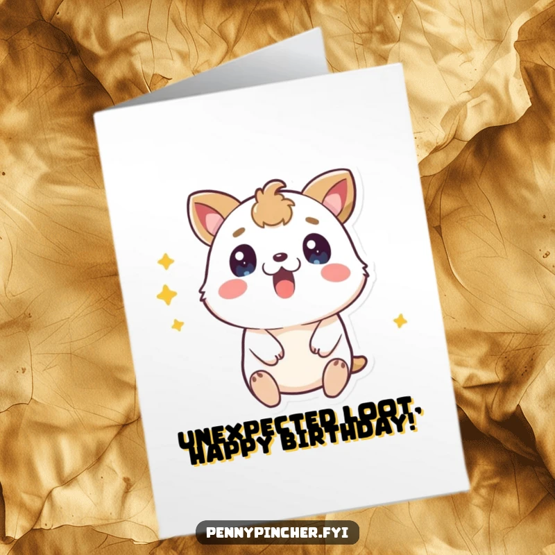 Funny Free Printable Birthday Card: A wide-eyed animal character discovering a pile of loose change with shock.