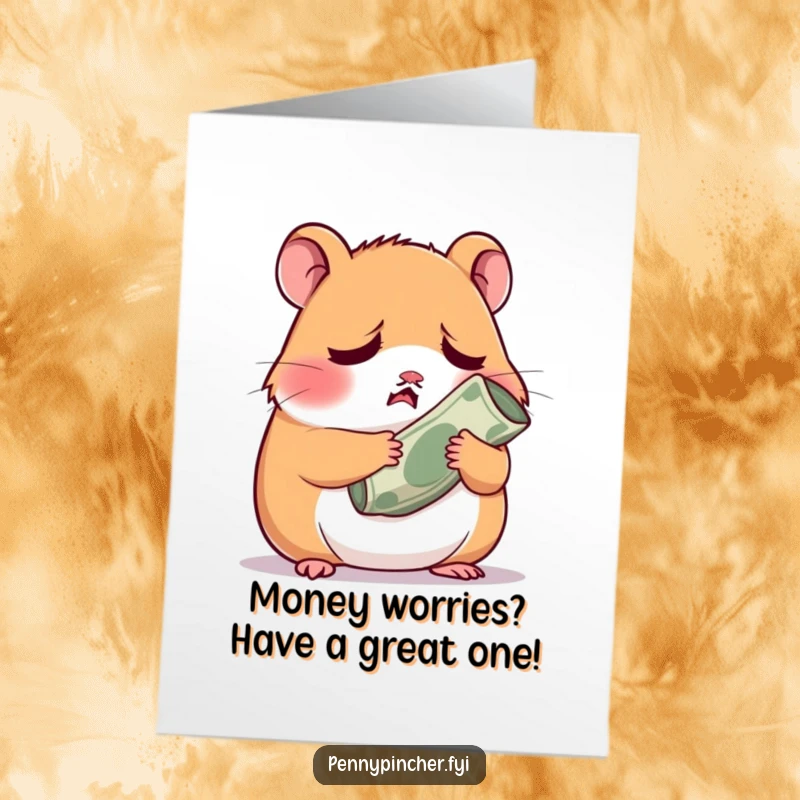 Funny free printable birthday card: Worried hamster clutches a tiny bill, implying broke but festive, perfect for last-minute gifting.
