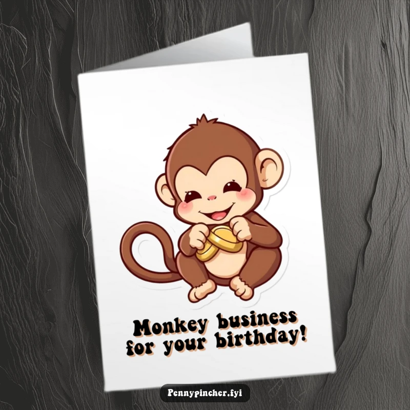 Funny Free Printable Birthday Card: A silly monkey character struggling to tie a knot in a shiny coin.