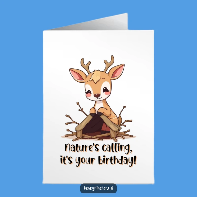 Free Printable Birthday Card: Funny Bouncy Deer Building Tiny Home DIY Gift Downloadable