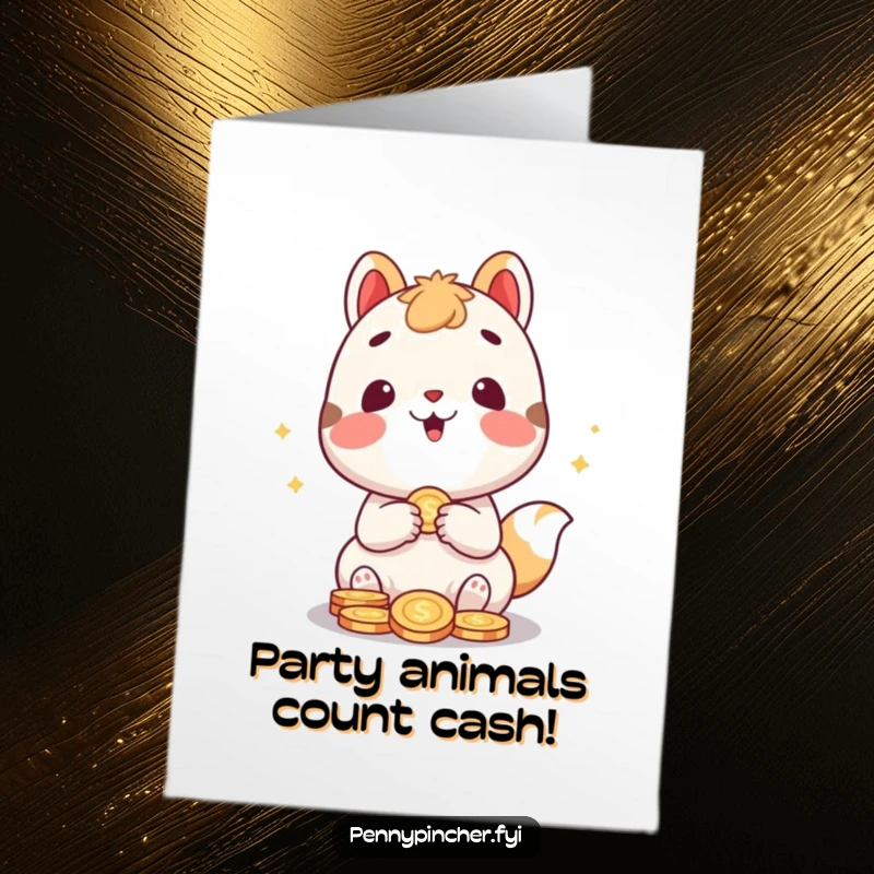 Funny free printable birthday card: a cute animal character joyfully counts a pile of shiny coins, grinning widely.