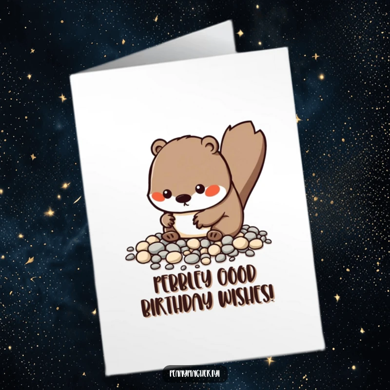Funny Free Printable Birthday Card: Kawaii beaver meticulously arranging tiny pebbles with a focused, humorous expression.