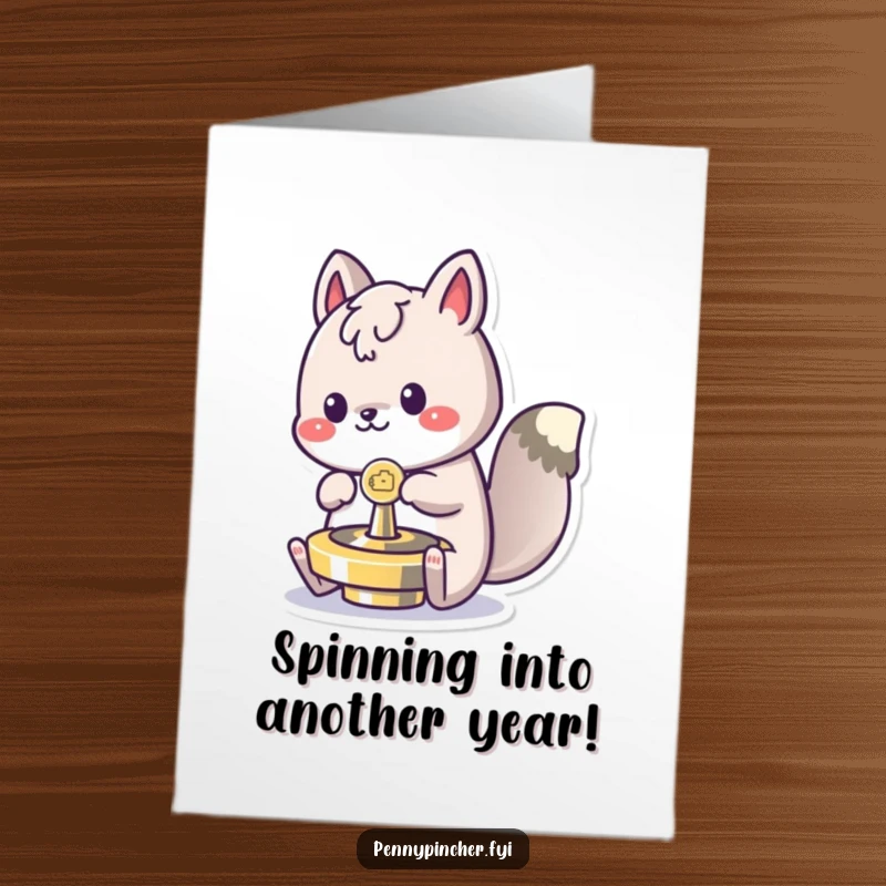 Funny Free Printable Birthday Card: A lively animal character gleefully using a large coin as a spinning top.