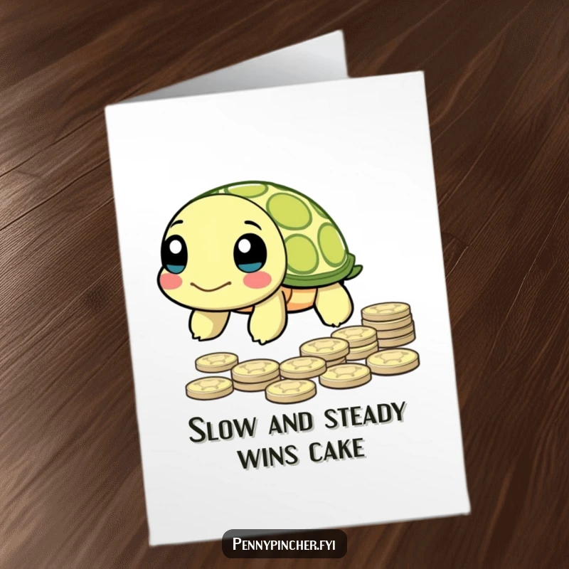 Funny Free Printable Birthday Card: A determined turtle character slowly inching towards a pile of pennies.