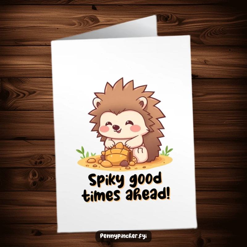 Funny Free Printable Birthday Card: A cheerful hedgehog fiercely guarding a pile of shiny treasures, ready for gifting.