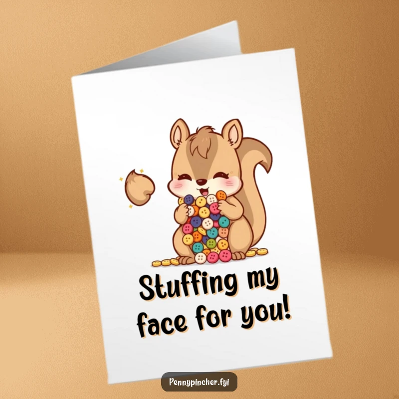 Funny Free Printable Birthday Card: A mischievous squirrel has its cheeks stuffed full of shiny buttons.