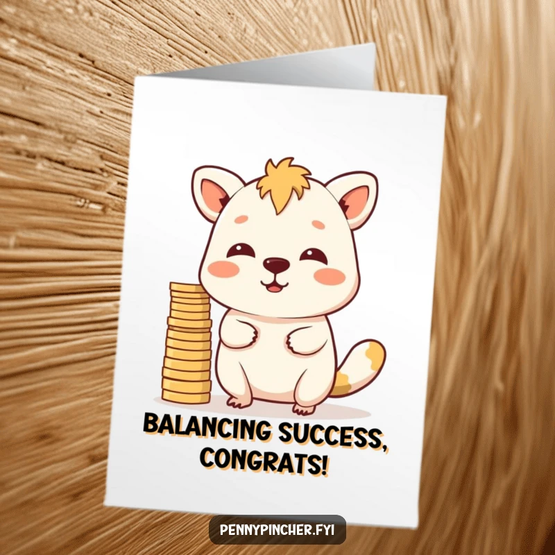 Funny Free Printable Congratulations Card: A determined animal balances a precarious stack of coins on its nose, symbolizing hard-earned success.