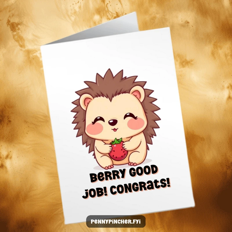 Funny free printable hedgehog congratulations card, a blushing hedgehog balancing a berry, gentle success.