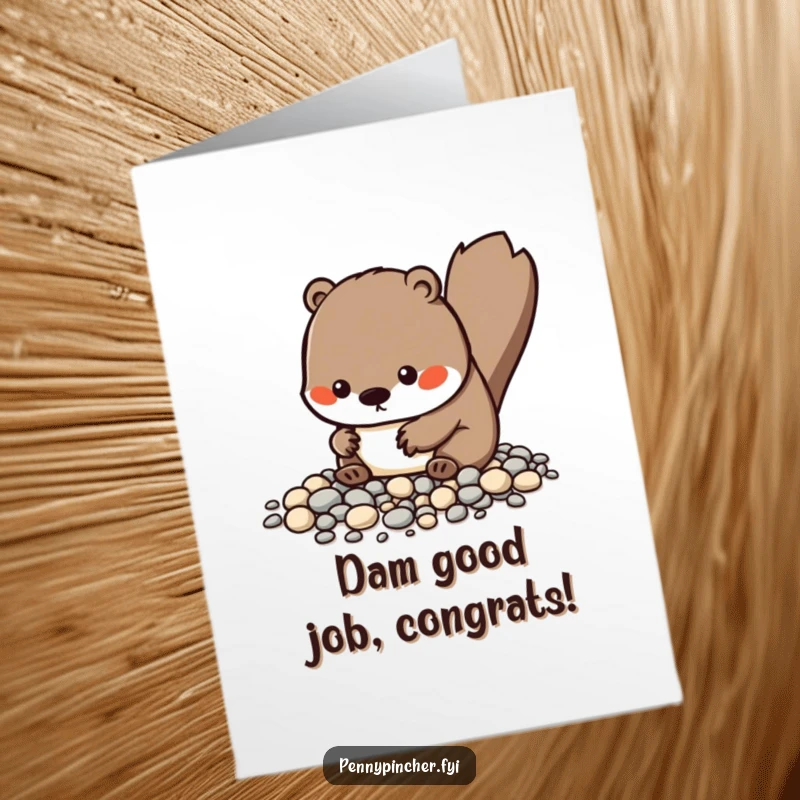 Funny Free Printable Congrats Card: Kawaii beaver proudly showing off meticulously organized tiny pebbles, celebrating a win.