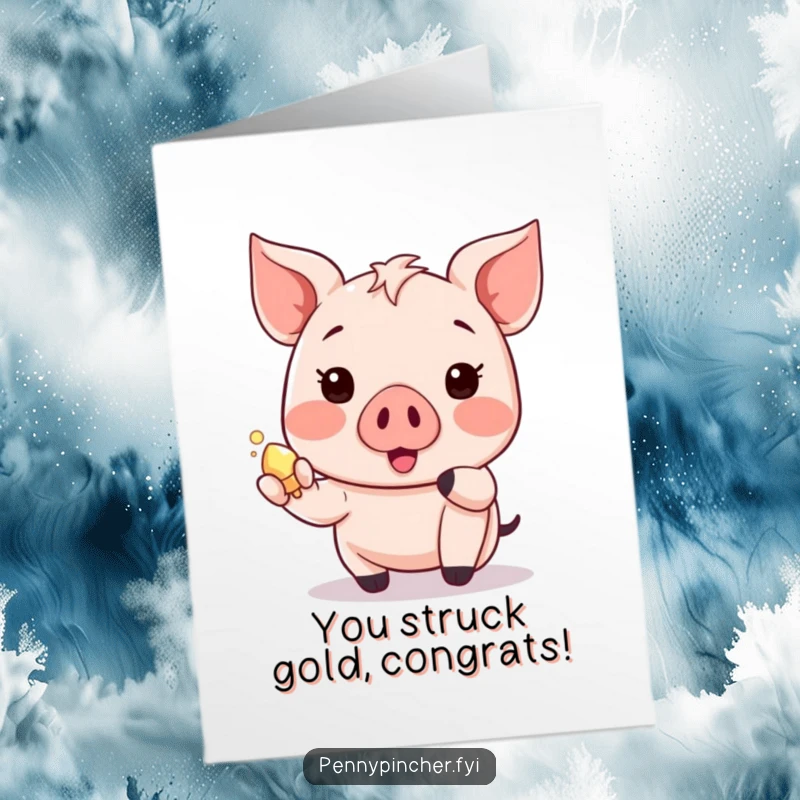 Funny Free Printable Congrats Card: A happy Kawaii piglet proudly displays a small, gleaming treasure, celebrating good fortune.