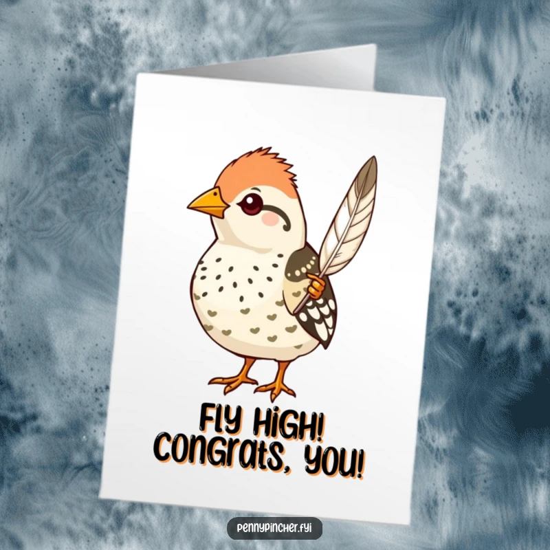 Funny free printable quail congratulations card, proud quail displays a perfect feather, celebrating success.