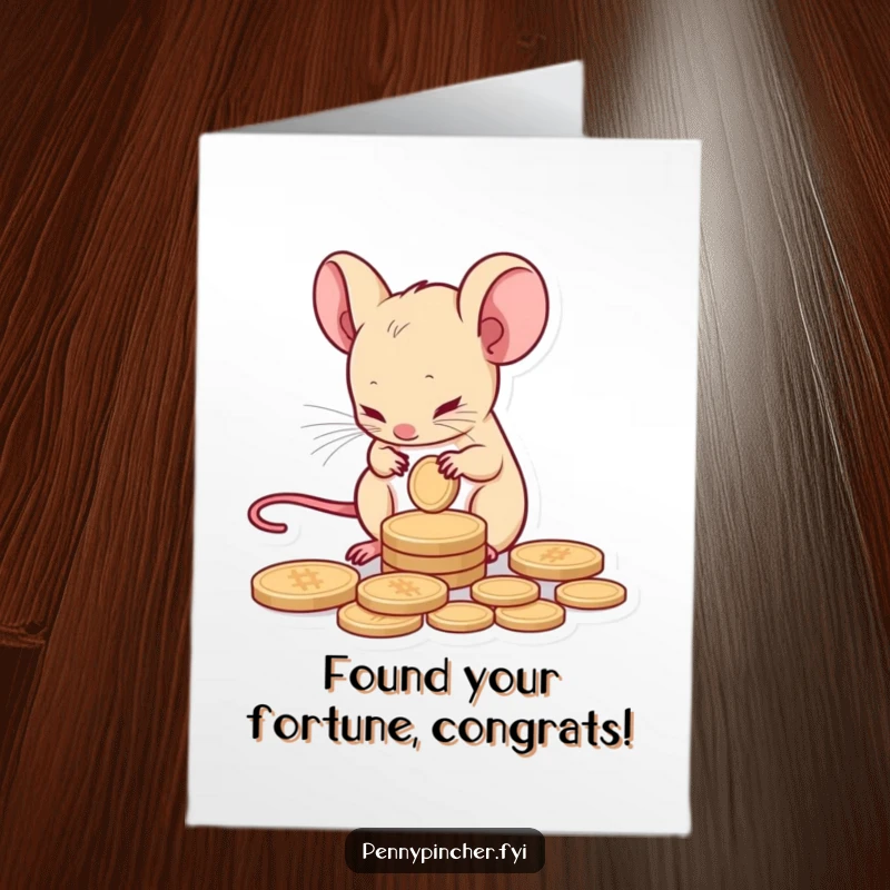Free Printable Congratulations Card with a tiny mouse character carefully counting a single coin with great precision.