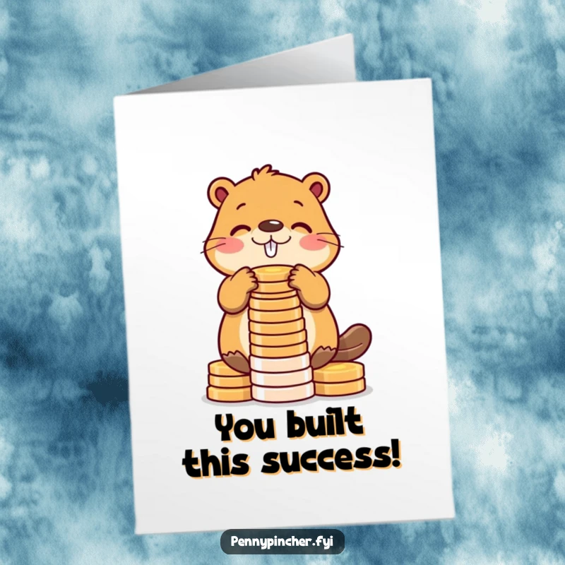 Funny Free Printable Congrats Card: A beaver meticulously builds a tower of shiny coins, celebrating a big win.