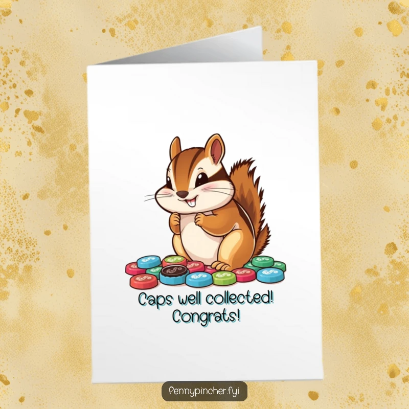 Funny Free Printable Congratulations Card: Chipmunk joyfully arranging a pile of shiny bottle caps for your celebration.