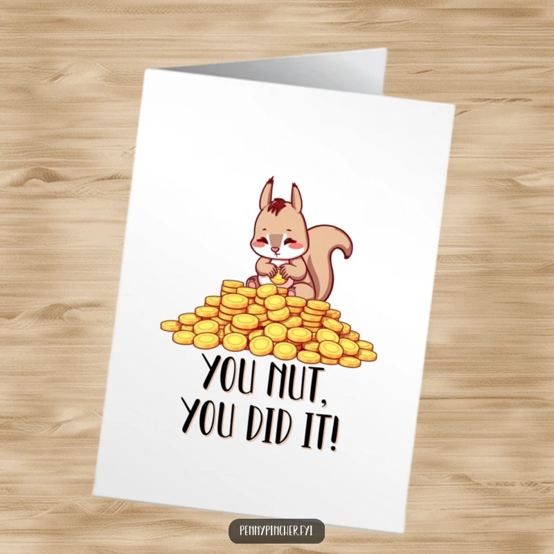 Funny Free Printable Congratulations Card features a squirrel meticulously counting its shiny coin hoard, celebrating financial success.