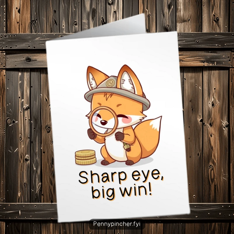 Funny Free Printable Congratulations Card: a resourceful fox observes success closely with a coin as a magnifying glass.