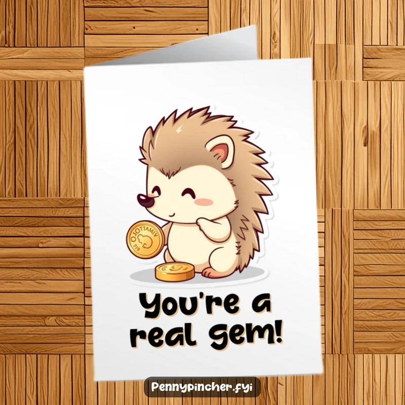 Funny Free Printable Congrats Card: Hedgehog proudly polishes a single coin, a symbol of their brilliant achievement.