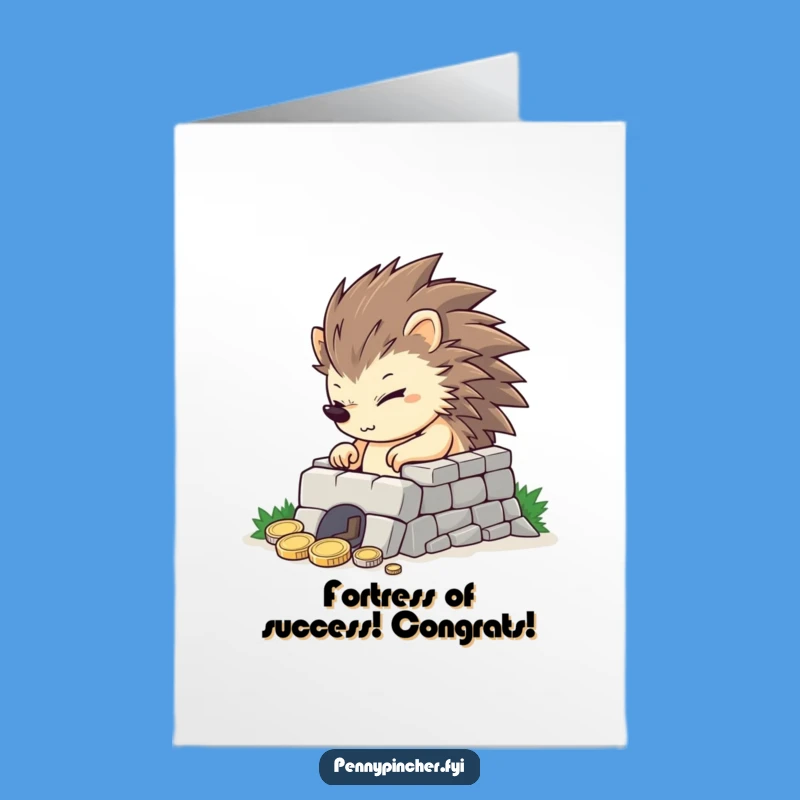 Free Printable Congrats Card: Hedgehog's Coin Fortress for Your Success!
