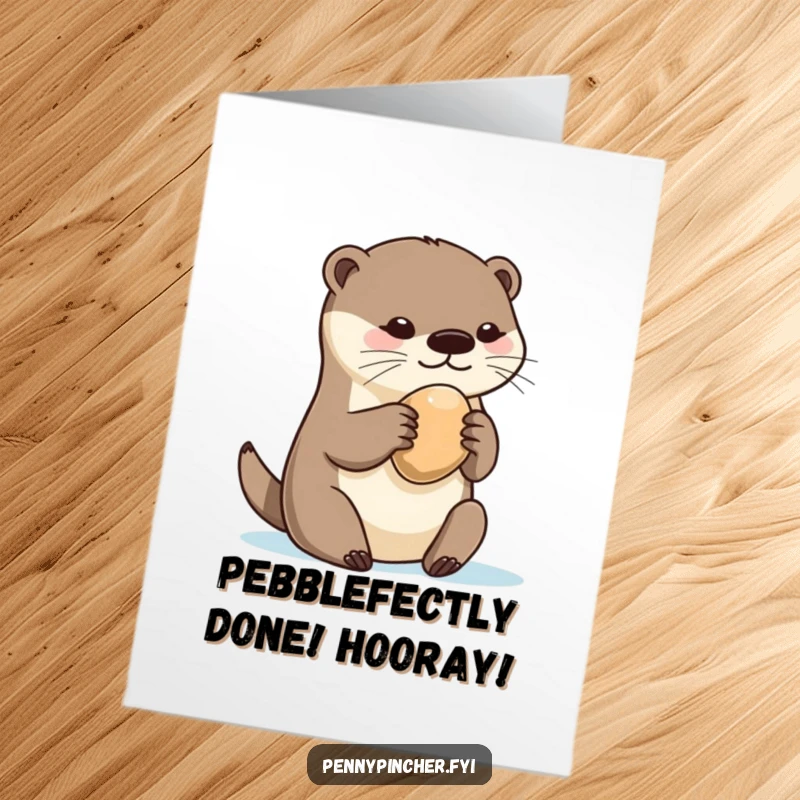Funny Free Printable Congratulations Card: Playful otter possessively holding a perfect, shiny pebble, celebrating your win.