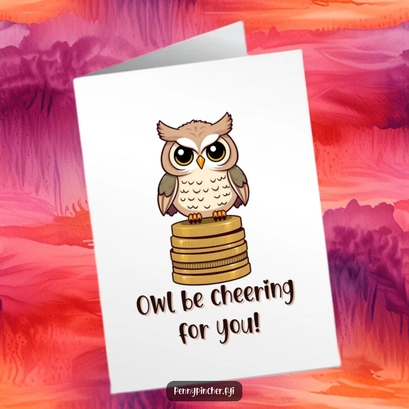 Funny Free Printable Congrats Card: A sharp-eyed owl sits atop a pile of old coins, representing a wise and successful endeavor.