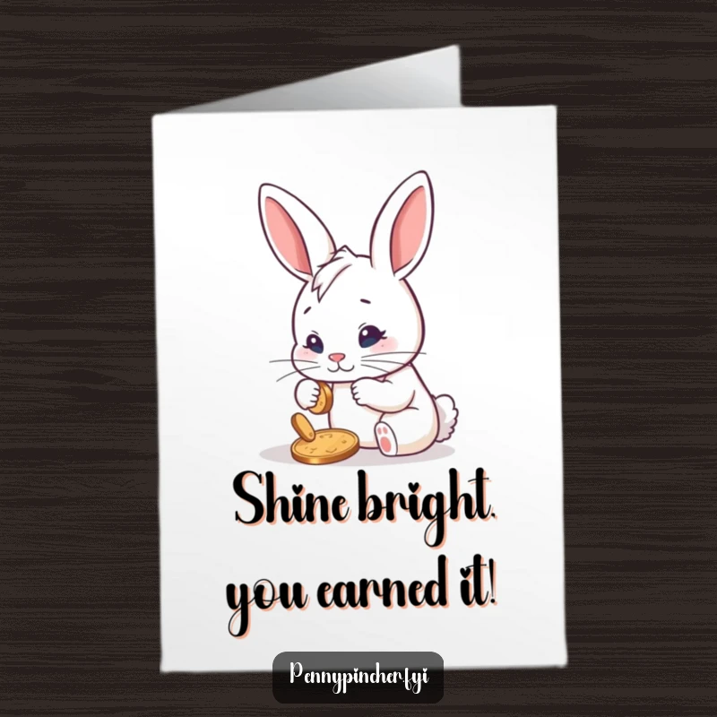 Funny Free Printable Congratulations Card: Determined rabbit polishing a single shiny penny, a humorous downloadable message