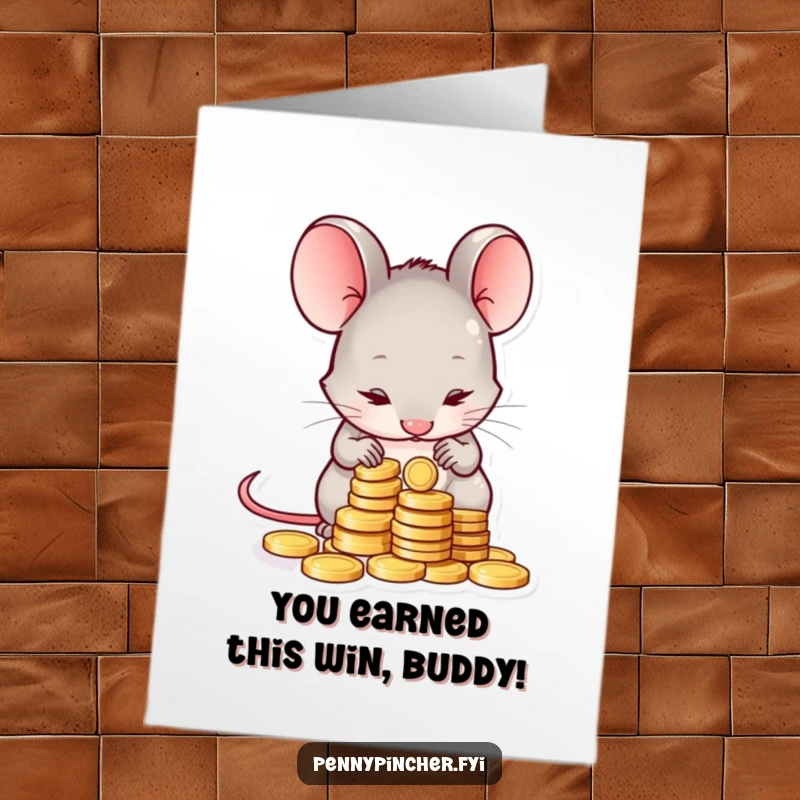 Funny Free Printable Congratulations Card: Shy mouse cautiously counting coins, a humorous downloadable greeting for any occasion